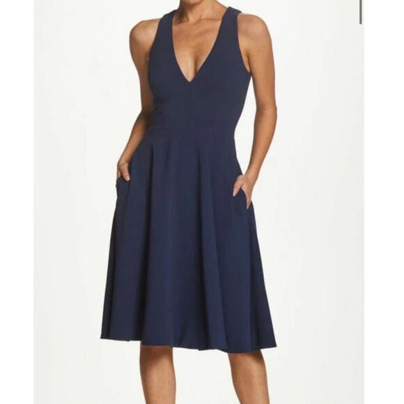 Dress the Population Catalina V-Neck Fit & Flare Dress Midnight Blue Women S NWT - Picture 1 of 13